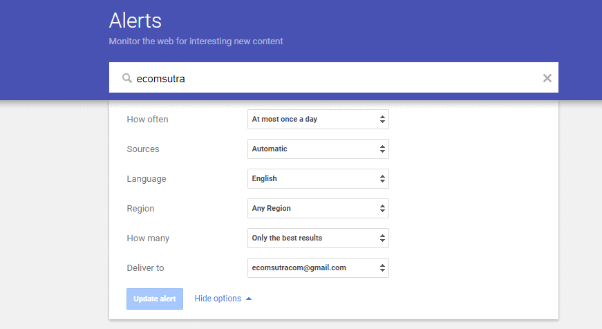 Set alert of keywords using Google Alert