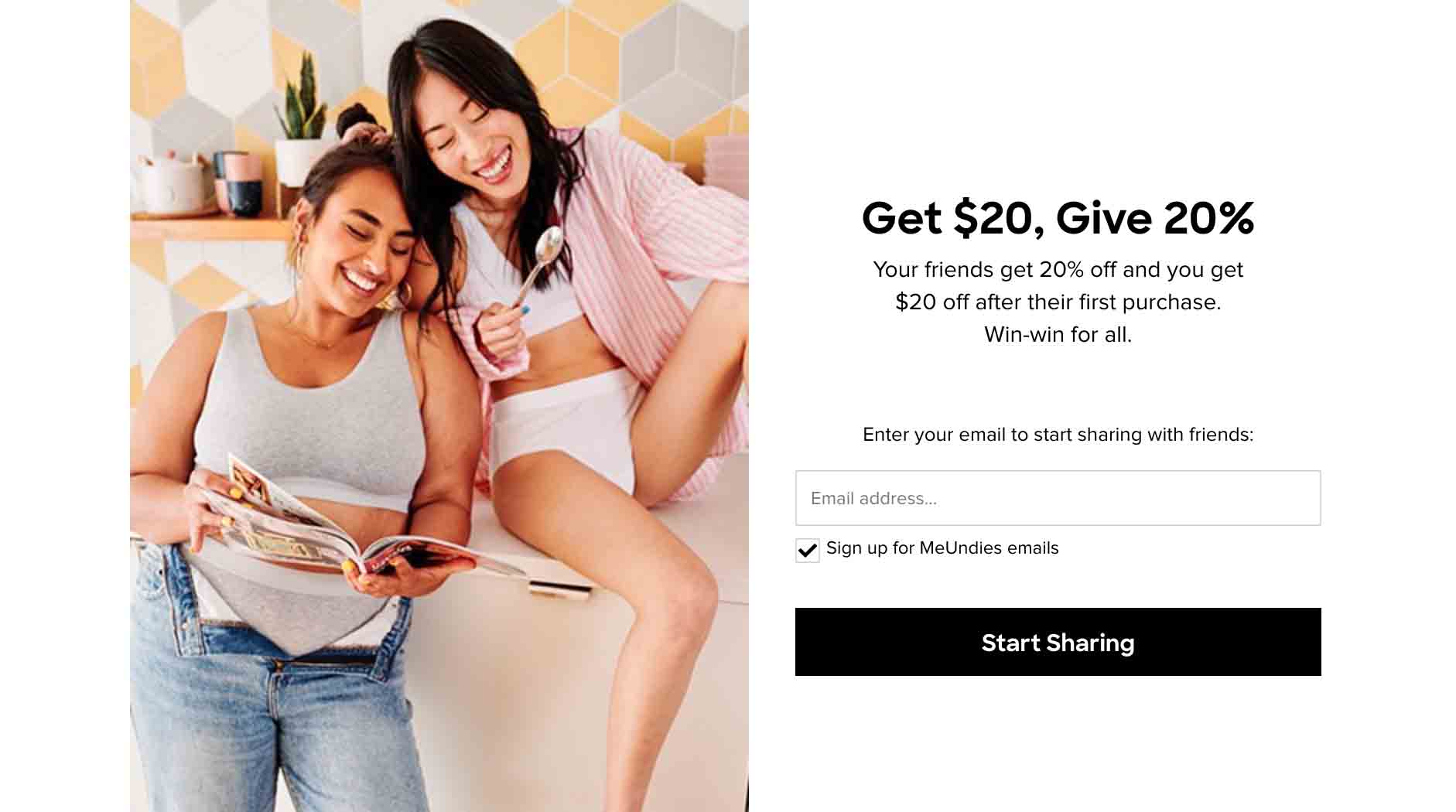 MeUndies double sided referral rewards example