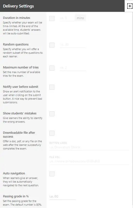 LearnWorlds Exams Settings