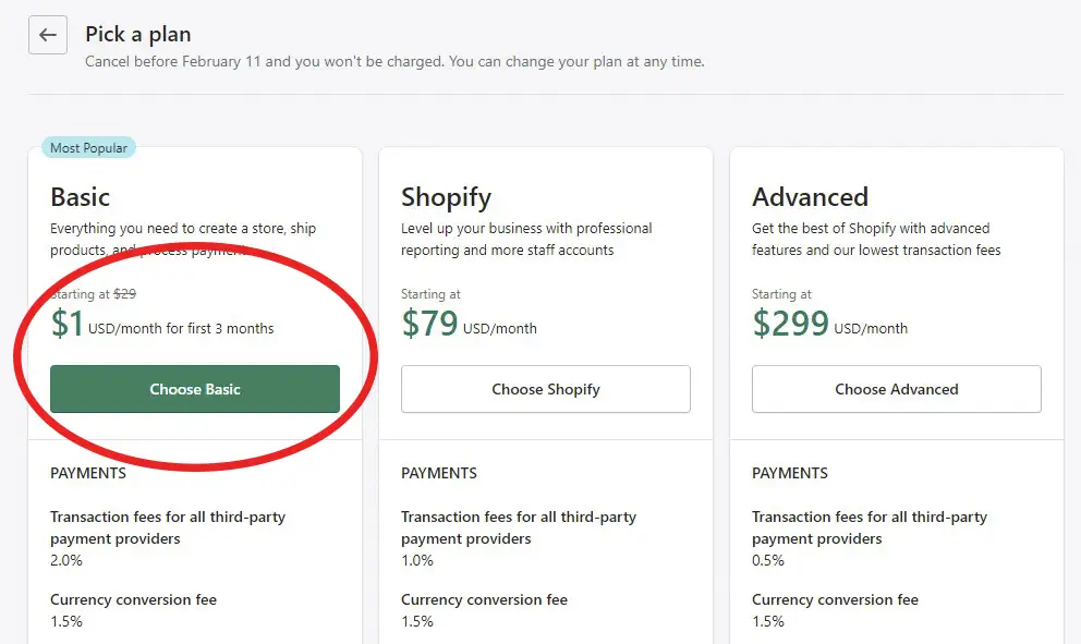 Pick Shopify 1 dollar plan