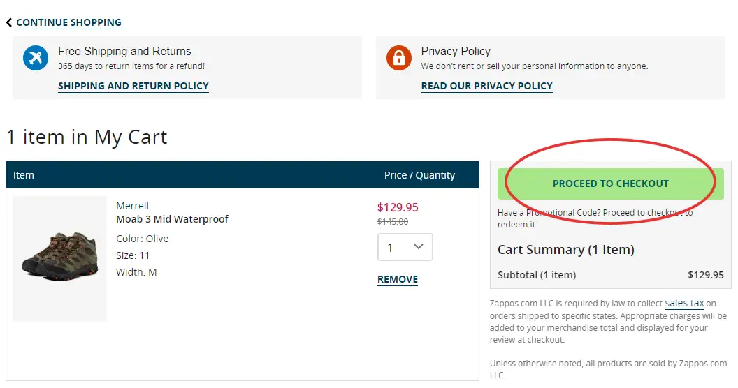 CTA button on cart page