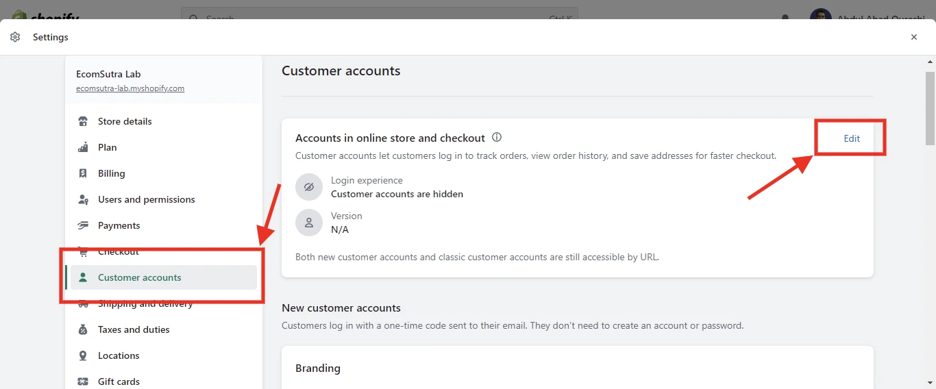 Shopify customer accounts setting